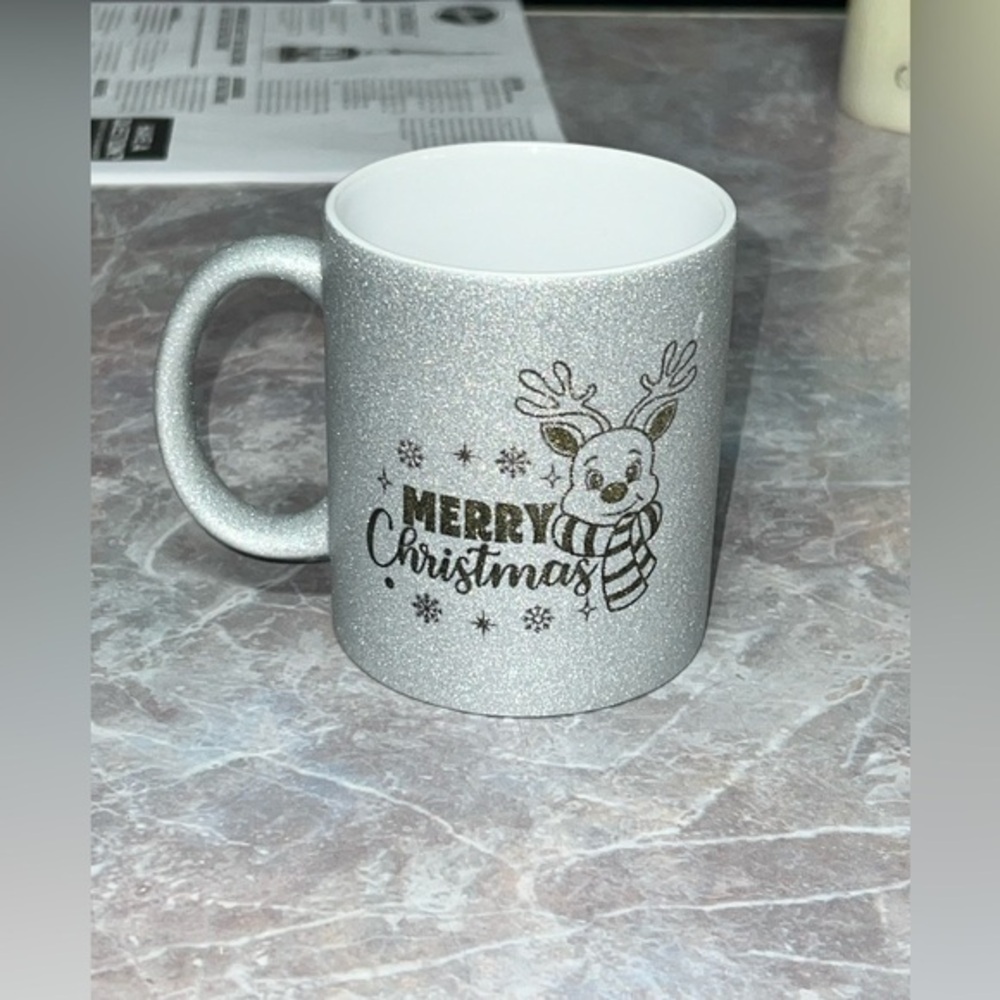 Merry Christmas Reindeer Silver Glitter Coffee Mug